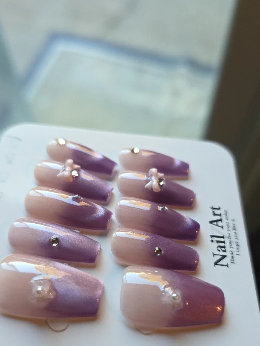 Press-On Ombre Purple Nail Set with Rhinestones Size Large